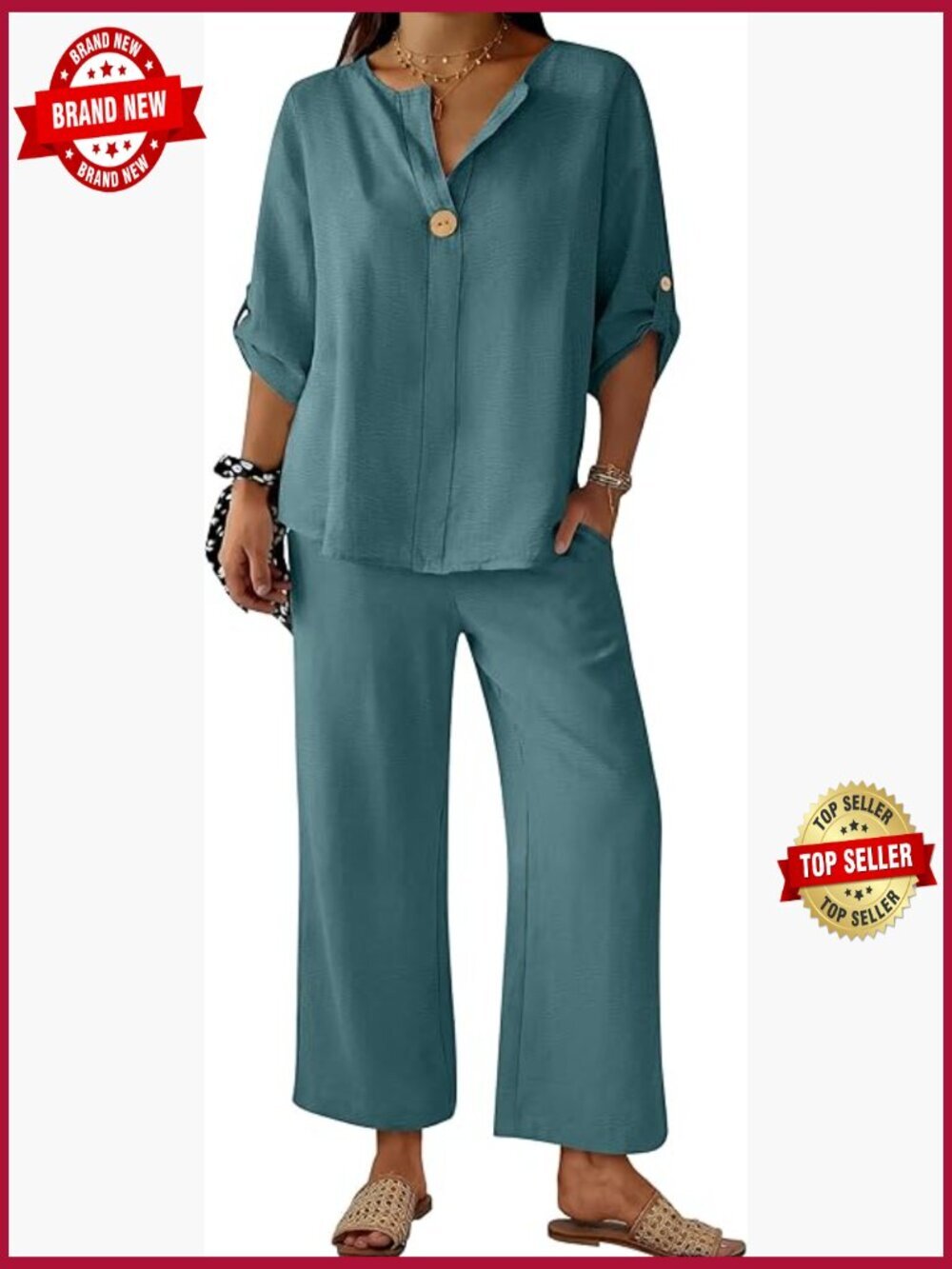 3/4 Sleeve V Neck Lounge Set with Wide Leg Pants